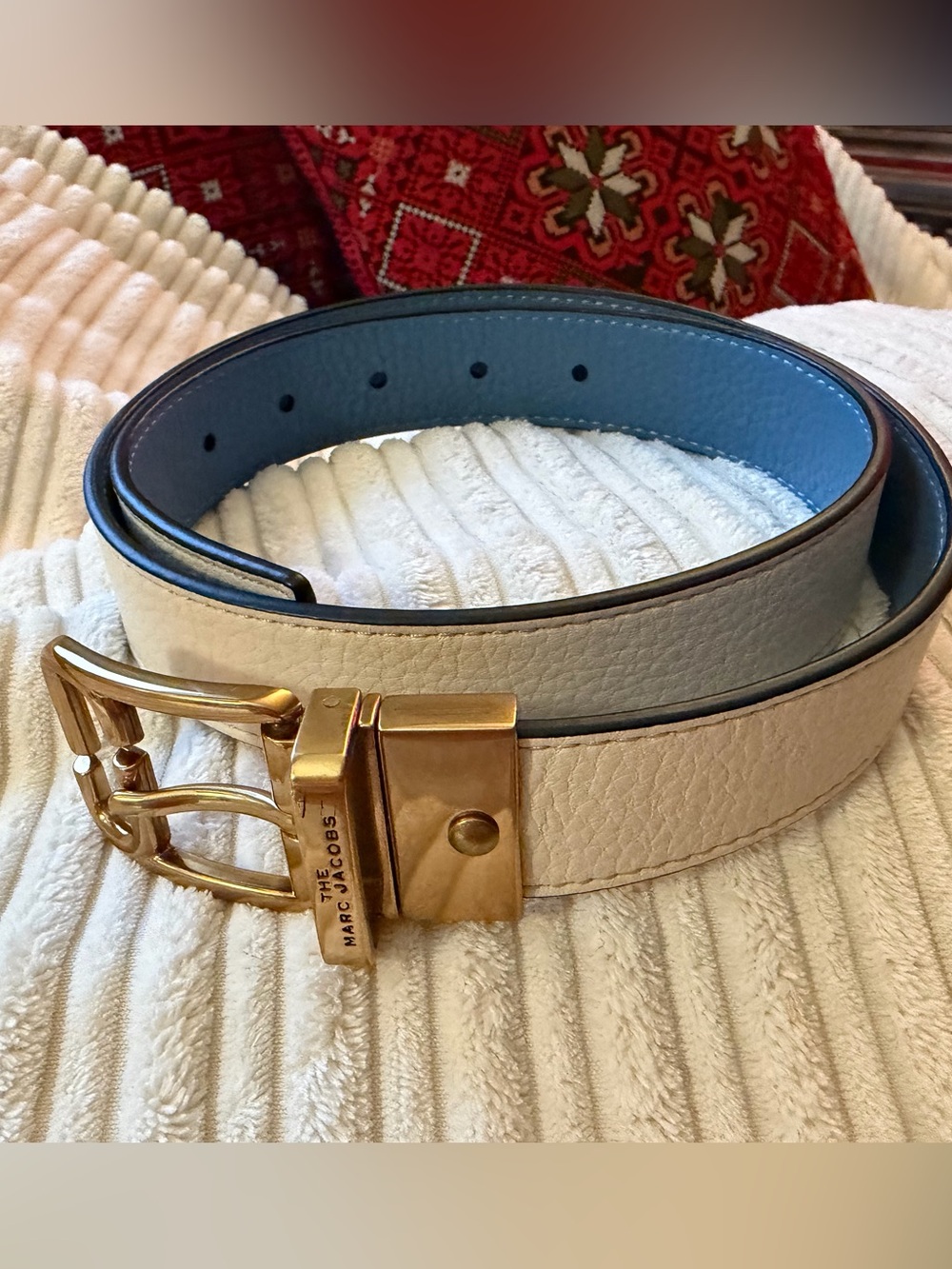 Marc Jacobs Reversible Cream/Blue Leather Belt with Gold Buckle